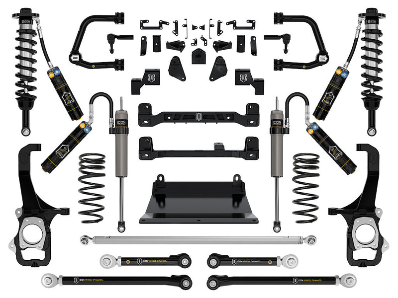 Studio kit layout on white: lift kit: CDEV front coilovers, rear reservoir shocks, rear coil springs, tubular UCAs, rear links, track bar, crossmembers, skid plate and knuckles.