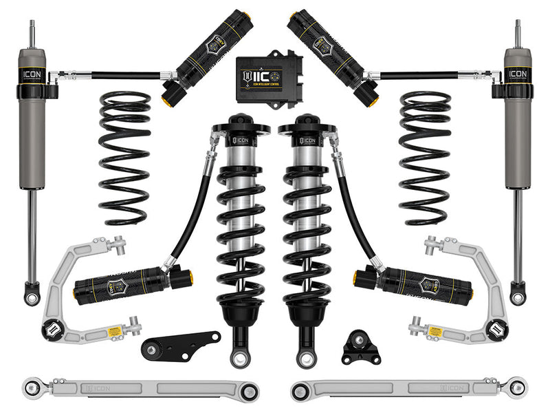Studio kit layout on white: kit with IIC control module: remote-reservoir front coilovers, rear remote-reservoir shocks, rear coil springs, billet UCAs, billet rear links and bump-stop brackets.