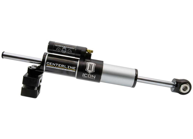 ICON Vehicle Dynamics Ultimate Front End Kit: black and silver ICON Centerline adjustable steering stabilizer with clamp on white