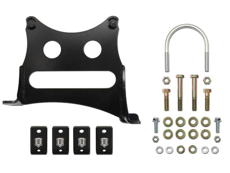 ICON Vehicle Dynamics Ultimate Front End Kit: black ICON dual steering stabilizer bracket with clamp blocks, U-bolt and hardware on white