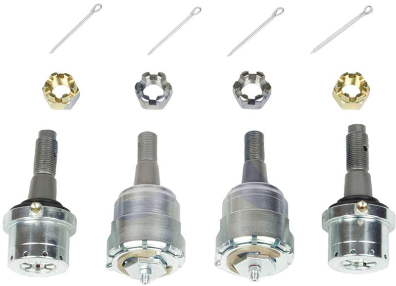 Close-up of the ICON Vehicle Dynamics Ultimate Front End Kit: four ICON ball joints with castle nuts and cotter pins arranged on white