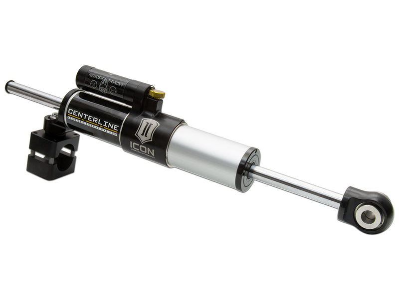 ICON Vehicle Dynamics Ultimate Front End Kit: ICON Centerline adjustable steering stabilizer with clamp, angled on white