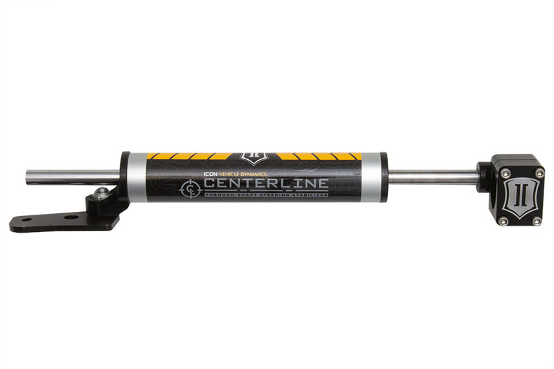 ICON Vehicle Dynamics Ultimate Front End Kit: ICON Centerline through-shaft steering stabilizer with bracket and clamp on white