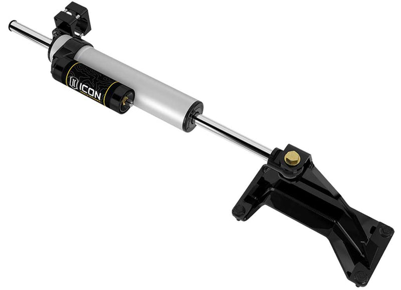 ICON Vehicle Dynamics Ultimate Front End Kit: ICON through-shaft steering stabilizer with black frame-mount bracket, angled on white