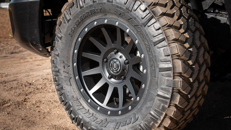 ICON Alloys Compression wheel, Matte Black: wheel and tire close-up