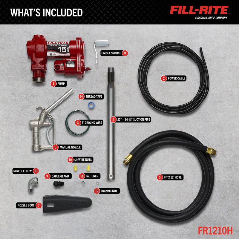 What's included with the Fill-Rite FR1210H: pump, hose, manual nozzle, suction pipe and power cable