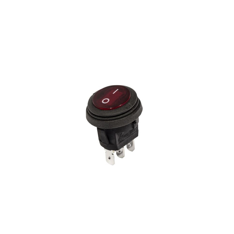 KC HiLiTES 2-Position Illuminated LED Rocker Switch, Round, Red on a studio background: round black rocker switch with a red illuminated rocker marked O and I on a white background