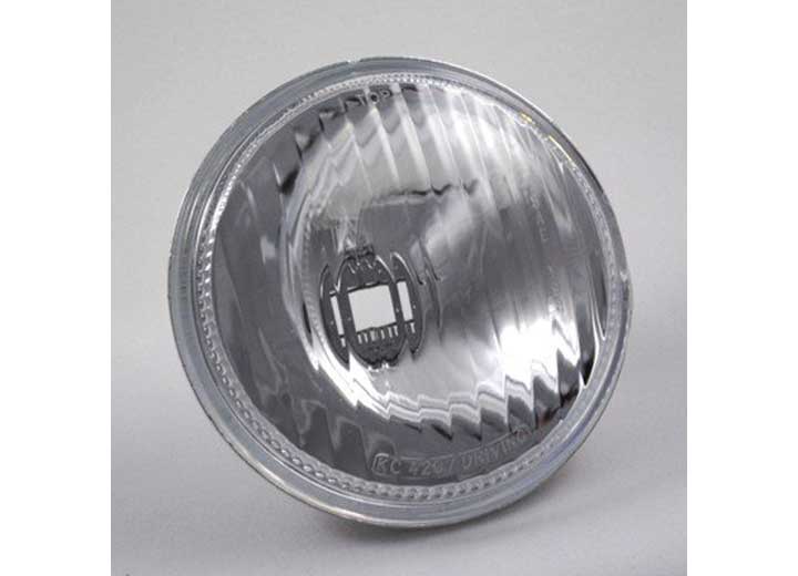 KC HiLiTES 5" Replacement Lens & Reflector on a studio background: round clear 5" glass lens and chrome reflector with fluted optics, angled view on a gray background
