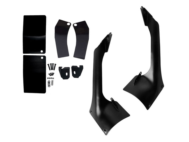 KC HiLiTES 50" Overhead Light Bar Mount Brackets on a studio background: black overhead light bar bracket kit laid out with two brackets, plates, small brackets and mounting hardware on white