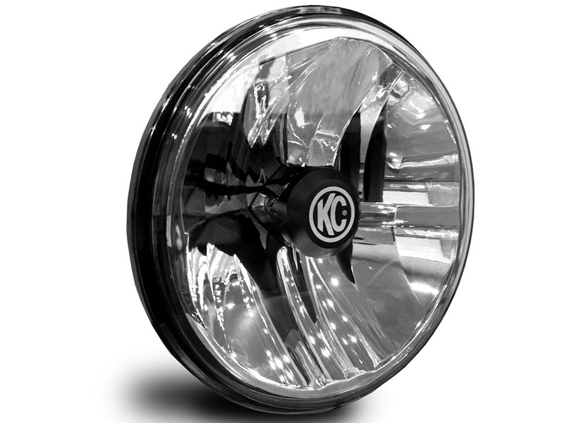 KC HiLiTES 7" Gravity LED DOT Headlight (H4 plug) on a studio background: angled view of a round 7" LED headlight with black housing and KC center badge on white