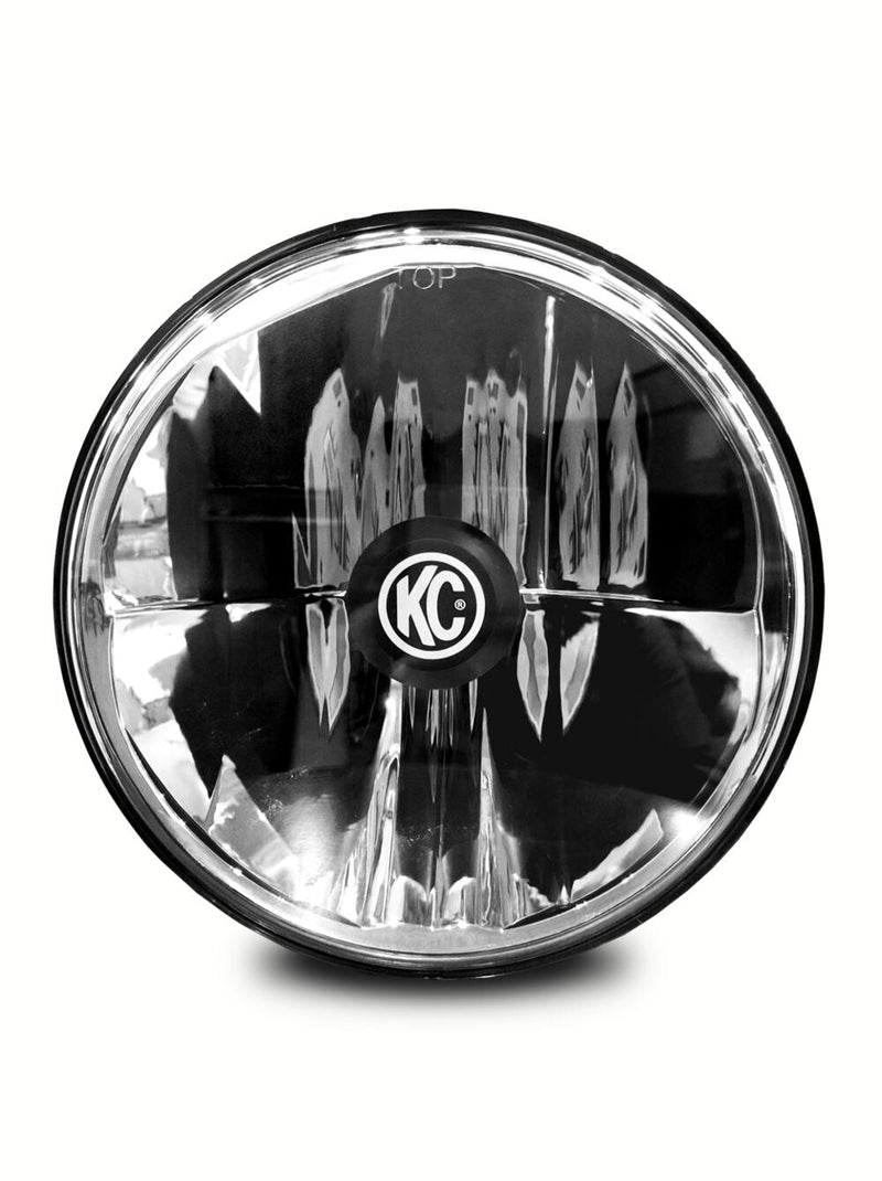 KC HiLiTES 7" Gravity LED DOT Headlight (H4 plug) on a studio background: front view of a round 7" LED headlight with chrome reflectors and KC center badge on white