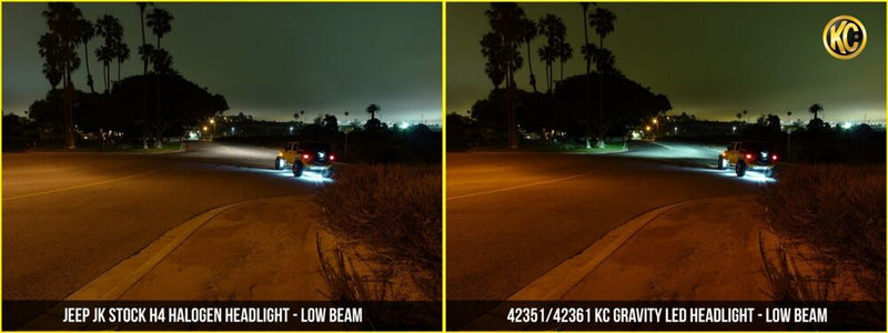 KC HiLiTES 7" Gravity LED DOT Headlight (H4 plug): side by side night photos of a road lit by stock halogen low beams and by LED low beams