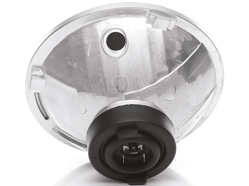 Close-up of the KC HiLiTES 7" H4 DOT Halogen Headlight Pair with H13 Adapters: back of a round 7" halogen headlight showing the metal reflector and black rubber bulb boot