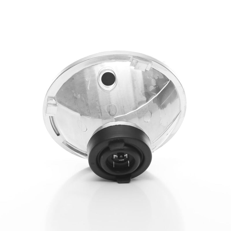 Close-up of the KC HiLiTES 7" H4 DOT Halogen Headlight Pair with H13 Adapters: back of a round 7" halogen headlight with a black rubber boot over the socket