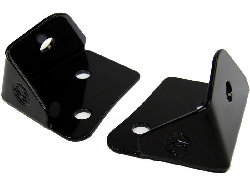 KC HiLiTES A-Pillar Cowl Light Mount Brackets on a studio background: pair of black powder coated windshield pillar light mounting brackets with a small KC logo on a white background