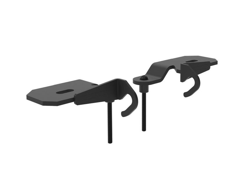 KC HiLiTES A-Pillar Ditch Light Mount Brackets on a studio background: pair of black ditch light mounting brackets with hooks for a Jeep Wrangler 392 or Gladiator Mojave on white