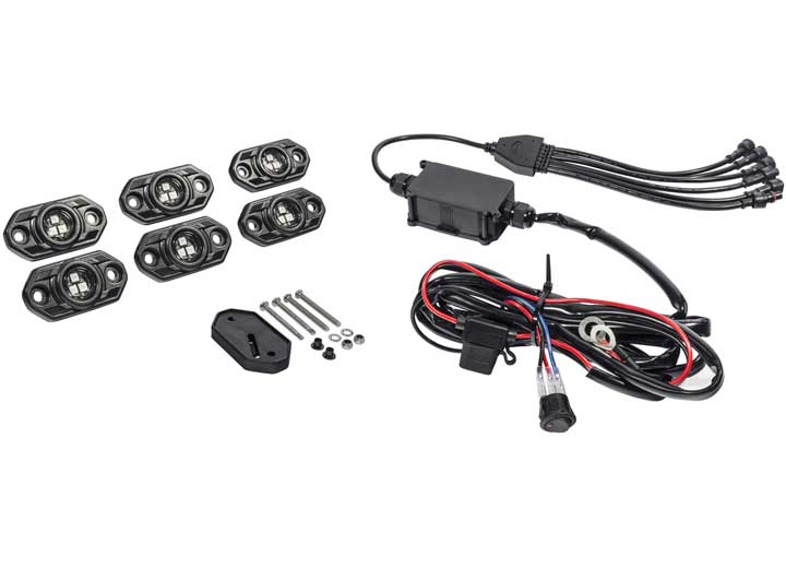 KC HiLiTES C-RGB Multi-Color Rock Light Kit on a studio background: six black LED rock light pods with a mounting pad, bolts, a control box and a wiring harness with switch on white