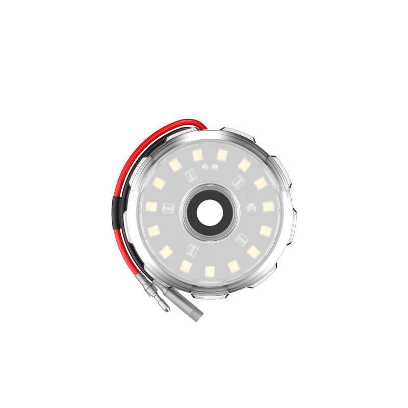 KC HiLiTES Cyclone V2 LED Light on a studio background: front view of a round LED light with a frosted white lens and red and black leads on white