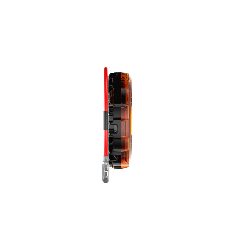 KC HiLiTES Cyclone V2 LED Light on a studio background: side profile of a slim round LED light with an amber lens and red lead on white