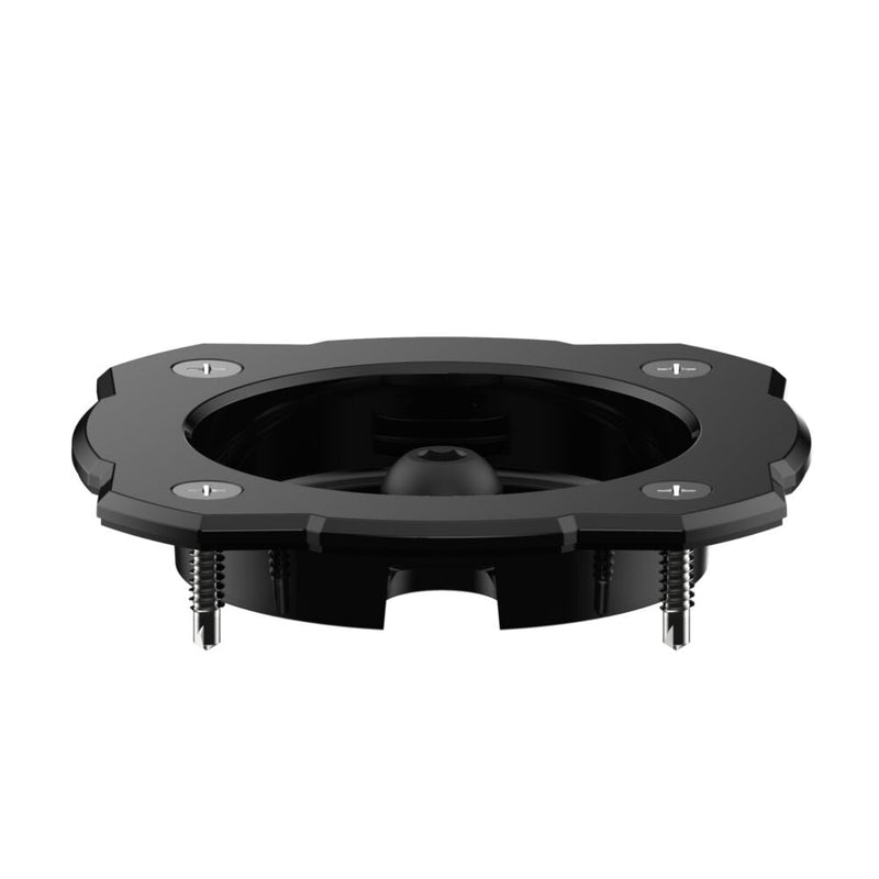 KC HiLiTES Cyclone V2 LED Mount Adapter on a studio background: black flat flange mount with four screws and a recessed round cup, shown at an angle on white