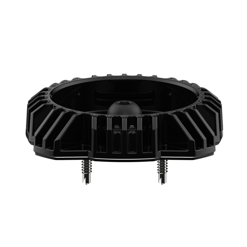 KC HiLiTES Cyclone V2 LED Mount Adapter on a studio background: side view of a black finned round mounting cup with two self-tapping screws below on white
