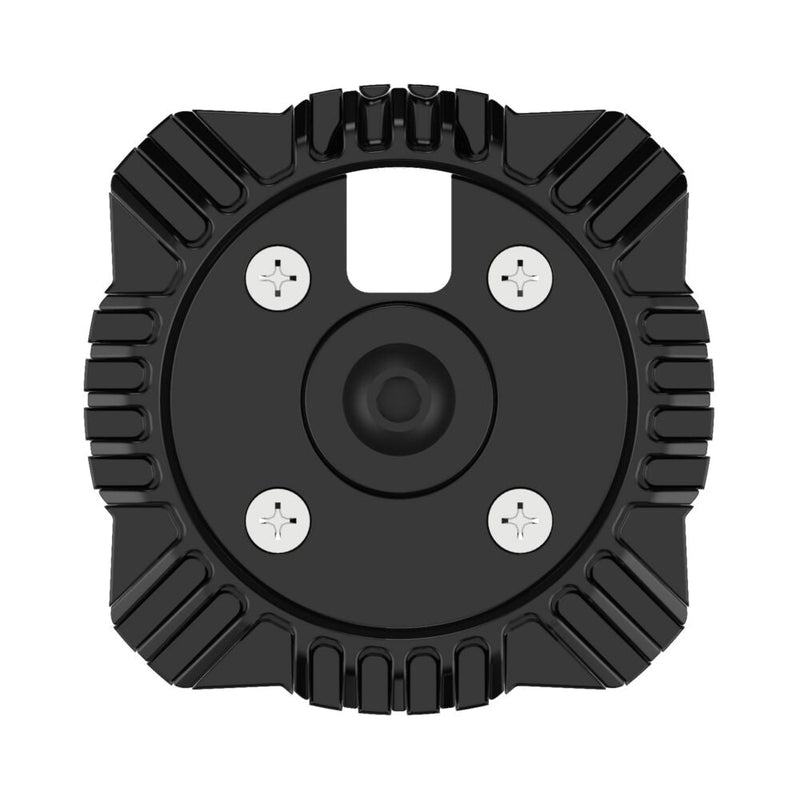 KC HiLiTES Cyclone V2 LED Mount Adapter on a studio background: top view of a black finned square mount with four screws, a center post and a wire slot on white