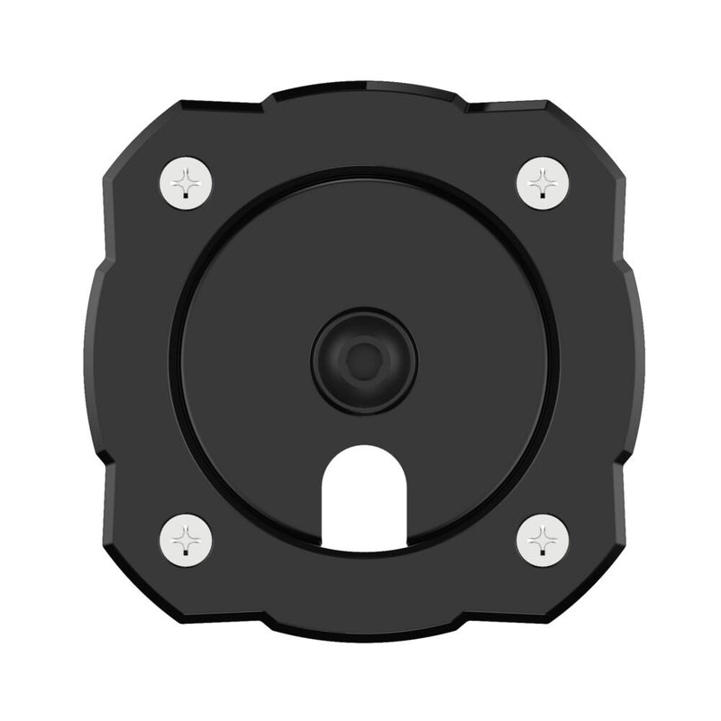 KC HiLiTES Cyclone V2 LED Mount Adapter on a studio background: top view of a black square flange mount with four screws, a center post and a wire slot on white