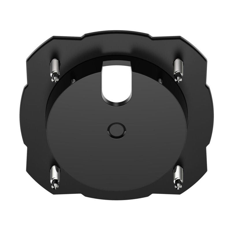 Close-up of the KC HiLiTES Cyclone V2 LED Mount Adapter: underside of a black flange mount showing the round cup, wire slot and four self-tapping screws on white