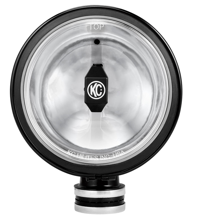 KC HiLiTES Daylighter 6" Gravity LED Light on a studio background: front view of a black 6" KC Daylighter Gravity LED light with a clear lens and pedestal base on a white background
