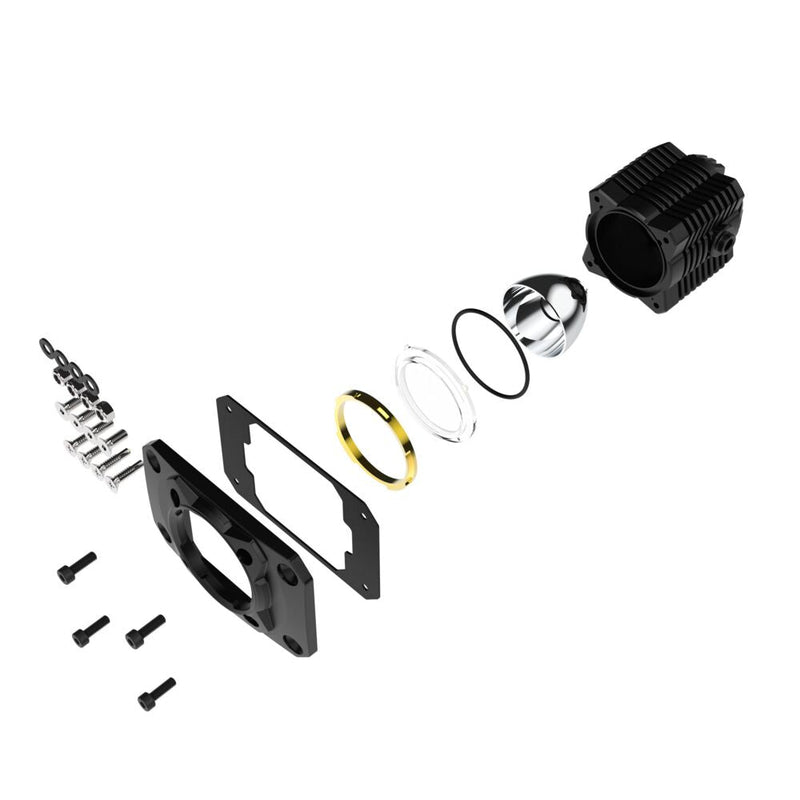 KC HiLiTES FLEX ERA 1 Flush Mount Faceplate: exploded view of a FLEX ERA 1 light fitted into a black flush mount faceplate with gasket and screws