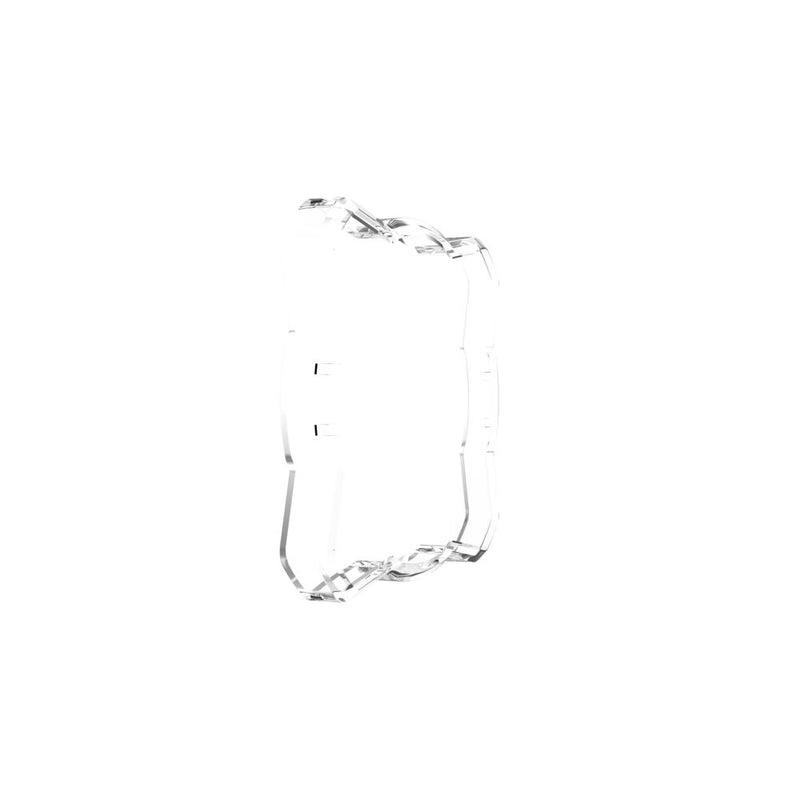 Close-up of the KC HiLiTES FLEX ERA 1 Light Cover & Shield: clear FLEX ERA 1 light shield shown at a steep angle on a white background