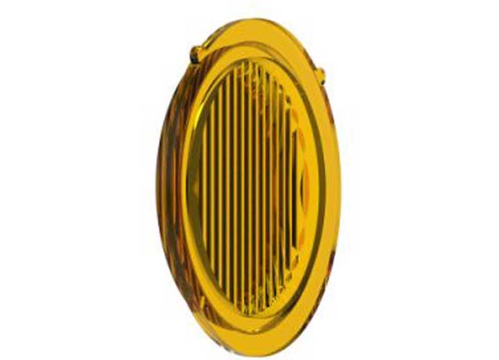 KC HiLiTES FLEX ERA 1 Replacement Lens on a studio background: yellow round FLEX ERA 1 replacement lens with vertical spread beam flutes, angled view on white