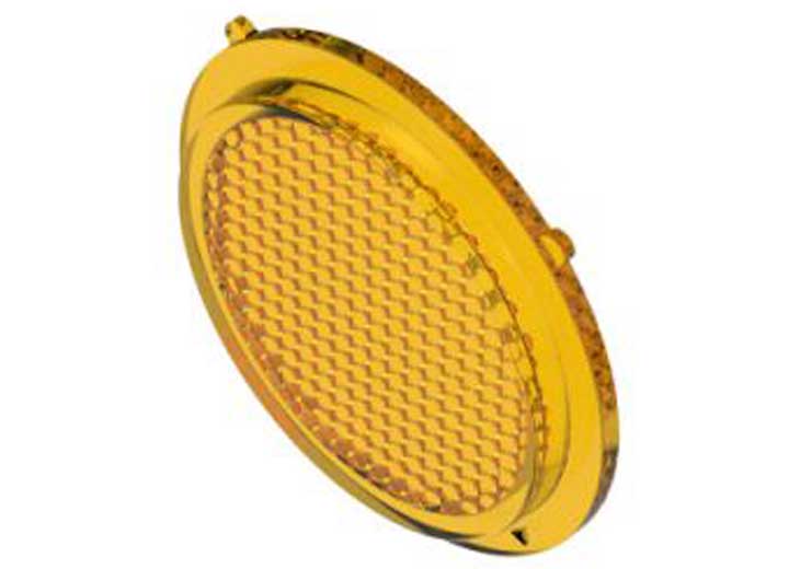 KC HiLiTES FLEX ERA 1 Replacement Lens on a studio background: yellow round FLEX ERA 1 replacement lens with a dimpled flood beam optic, angled view on white