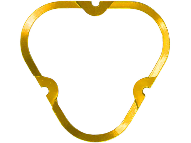 KC HiLiTES FLEX ERA 3 Bezel Ring on a studio background: gold FLEX ERA 3 bezel ring, rounded triangle shape with three notched mounting tabs, flat on a white background