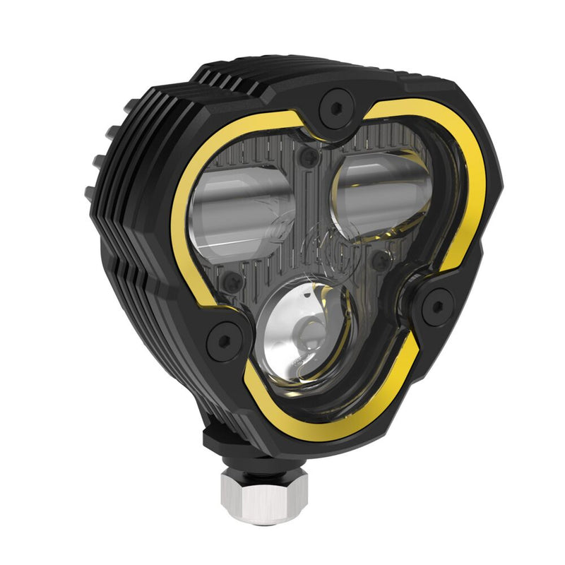 KC HiLiTES FLEX ERA 3 Dual-Mode SAE Fog Light Kit, Aftermarket Bumper on a studio background: front three-quarter view of a FLEX ERA 3 Dual Mode fog LED light with a yellow accent ring on a white background