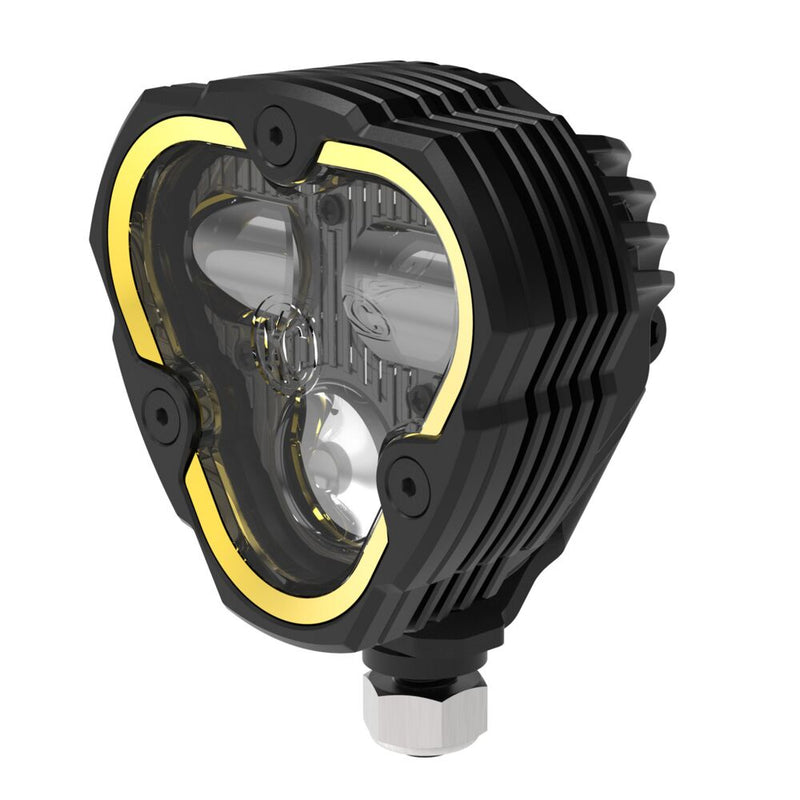 KC HiLiTES FLEX ERA 3 Dual-Mode SAE Fog Light Kit, Aftermarket Bumper on a studio background: front three-quarter view of a FLEX ERA 3 Dual Mode fog LED light on a white background