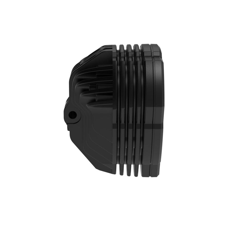 Close-up of the KC HiLiTES FLEX ERA 3 Dual-Mode SAE Fog Light Kit, Sport Bumper: side view of a FLEX ERA 3 fog light housing with cooling fins
