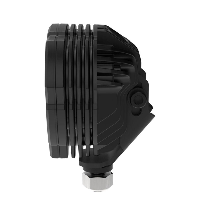 Close-up of the KC HiLiTES FLEX ERA 3 Dual-Mode SAE Fog Light Kit, Steel Bumper: side profile of a black FLEX ERA 3 LED light housing with cooling fins