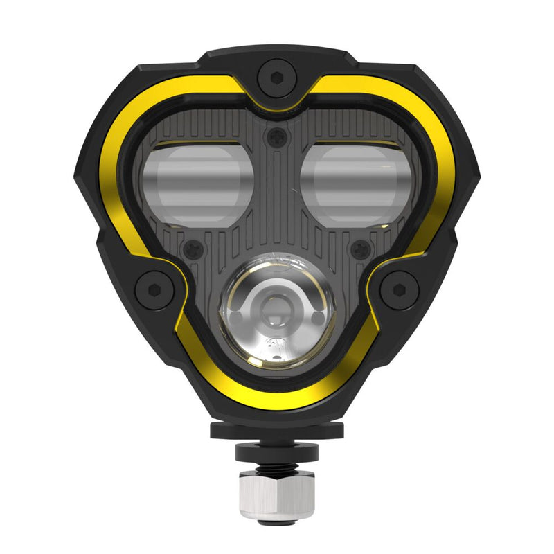 KC HiLiTES FLEX ERA 3 Dual-Mode SAE Fog Light Master Kit on a studio background: front view of a FLEX ERA 3 Dual Mode SAE fog LED light with a yellow accent ring on a white background