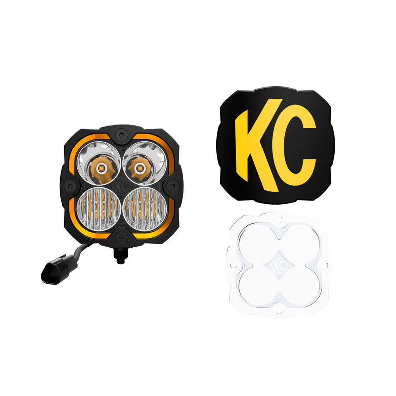 KC HiLiTES FLEX ERA 4 LED Light Pod Master Kit on a studio background: FLEX ERA 4 LED light shown with a black and yellow KC light cover and a clear spot lens