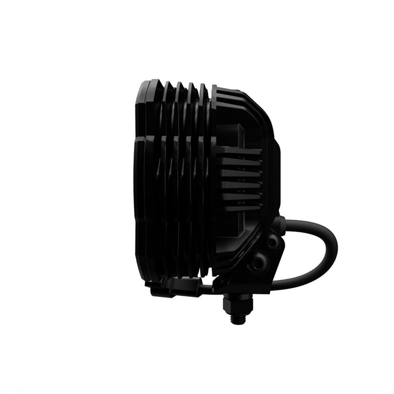 Close-up of the KC HiLiTES FLEX ERA 4 LED Light Pod Master Kit: side view of a FLEX ERA 4 LED light showing its finned housing and pigtail