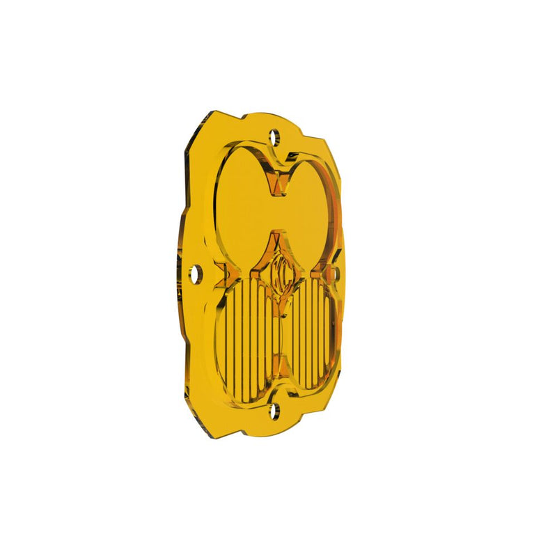 KC HiLiTES FLEX ERA 4 Performance Yellow Lens on a studio background: yellow FLEX ERA 4 combo beam lens with fluted lower optics on a white background