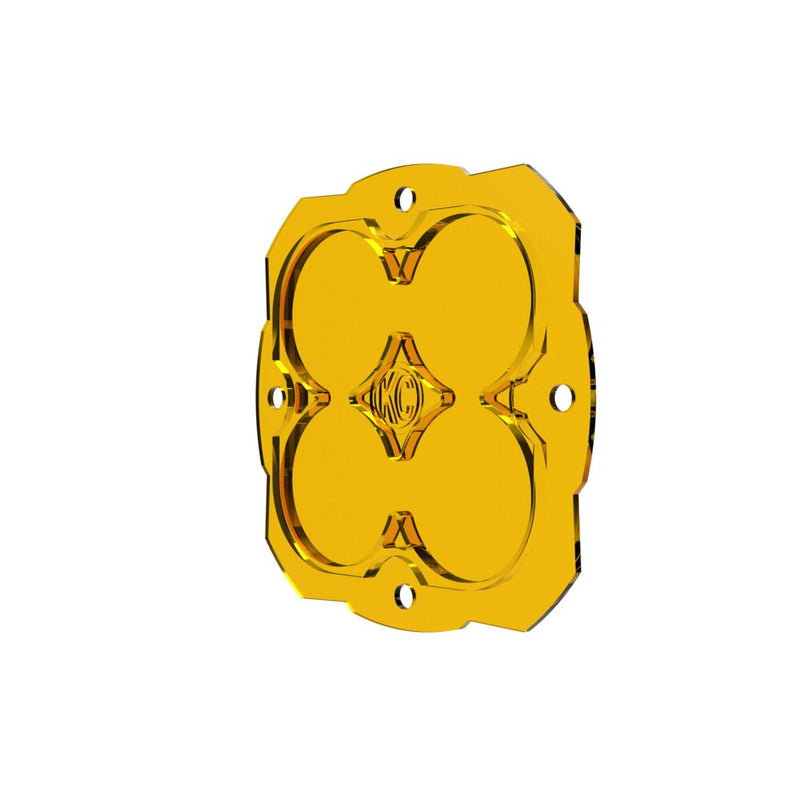 KC HiLiTES FLEX ERA 4 Performance Yellow Lens on a studio background: yellow FLEX ERA 4 replacement lens at a slight angle on a white background
