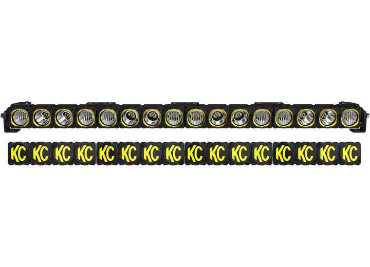 KC HiLiTES FLEX ERA LED Light Bar Master Kit on a studio background: black FLEX ERA LED light bar with sixteen clear lens modules and a row of black and yellow KC covers below