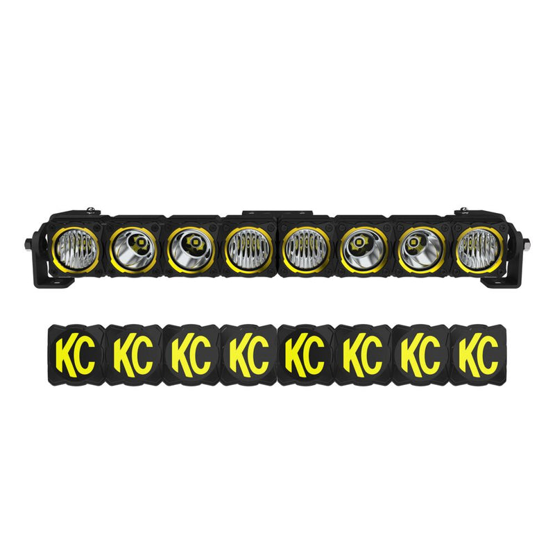 KC HiLiTES FLEX ERA LED Light Bar Master Kit on a studio background: KC FLEX ERA eight-module LED light bar shown with eight black KC covers