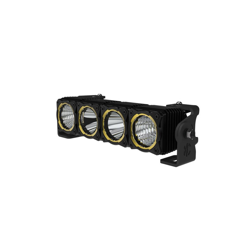 KC HiLiTES FLEX ERA LED Light Bar Master Kit on a studio background: KC FLEX ERA four-module LED light bar, angled side view on its mounting brackets