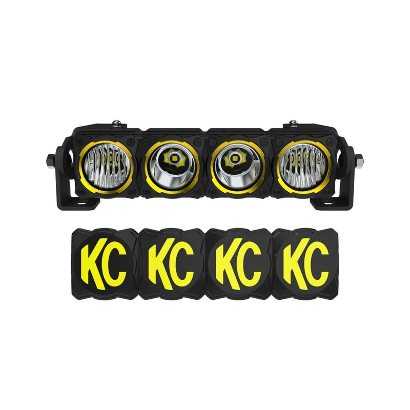 KC HiLiTES FLEX ERA LED Light Bar Master Kit on a studio background: KC FLEX ERA four-module LED light bar shown with four black KC covers