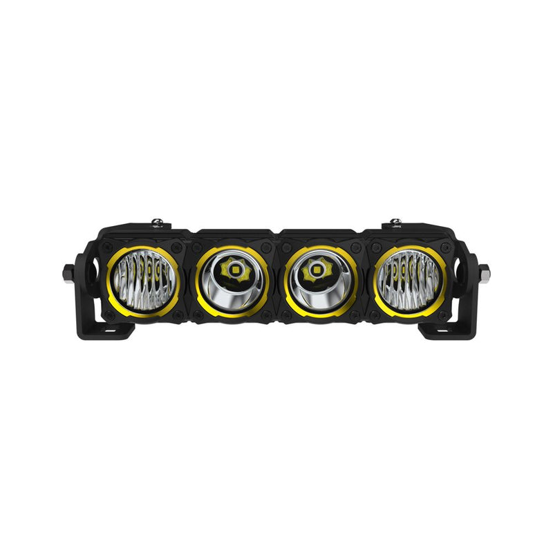 KC HiLiTES FLEX ERA LED Light Bar Master Kit on a studio background: KC FLEX ERA four-module LED light bar with yellow accent rings, front view