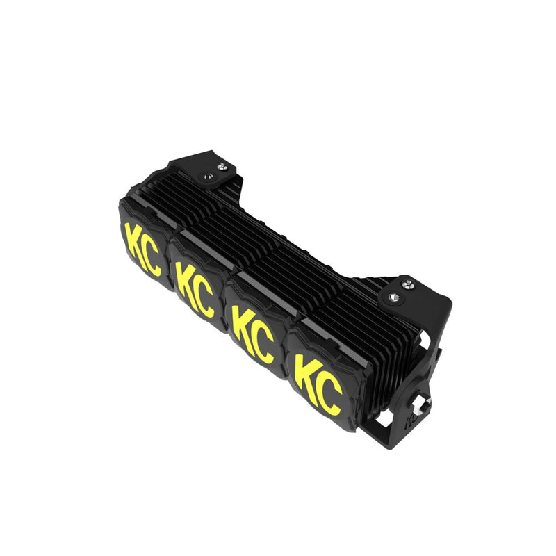 KC HiLiTES FLEX ERA LED Light Bar Master Kit on a studio background: KC FLEX ERA four-module LED light bar fitted with black covers showing yellow KC logos