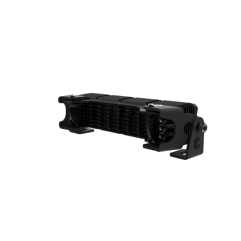 Close-up of the KC HiLiTES FLEX ERA LED Light Bar Master Kit: rear angled view of a four-module KC FLEX ERA LED light bar showing the finned housing and end bracket
